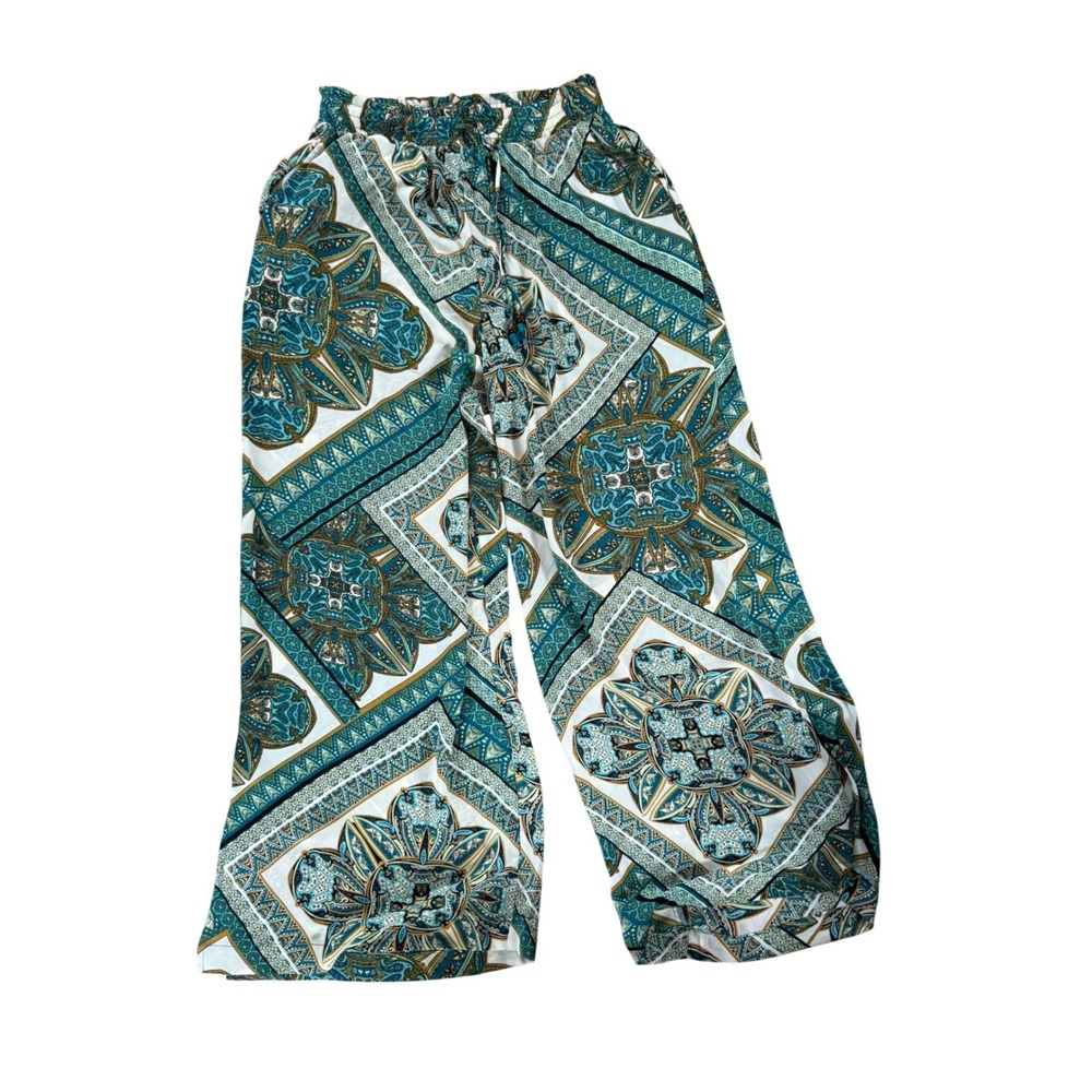 Rose + Olive green boho‎ wide leg pull on pants beach tropical vacation light